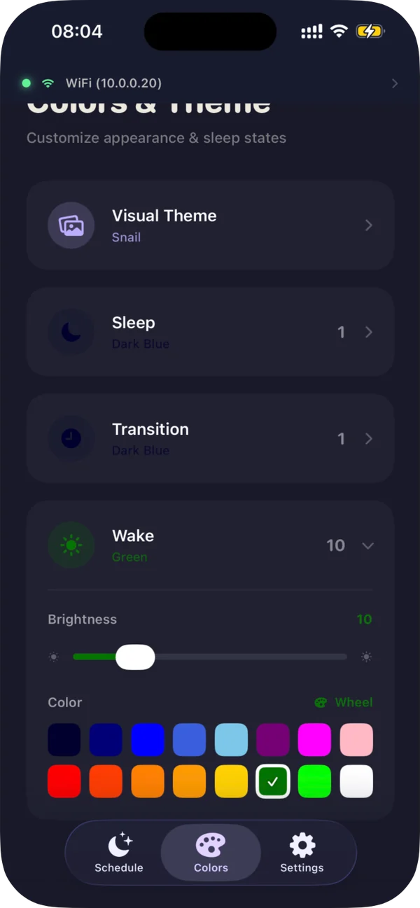 Cozy Critter app showing per-state color and brightness controls