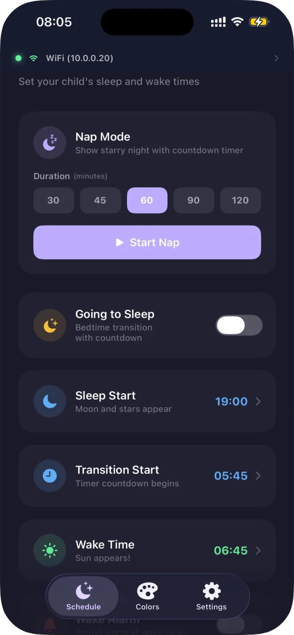 Cozy Critter app showing the sleep, transition and wake schedule