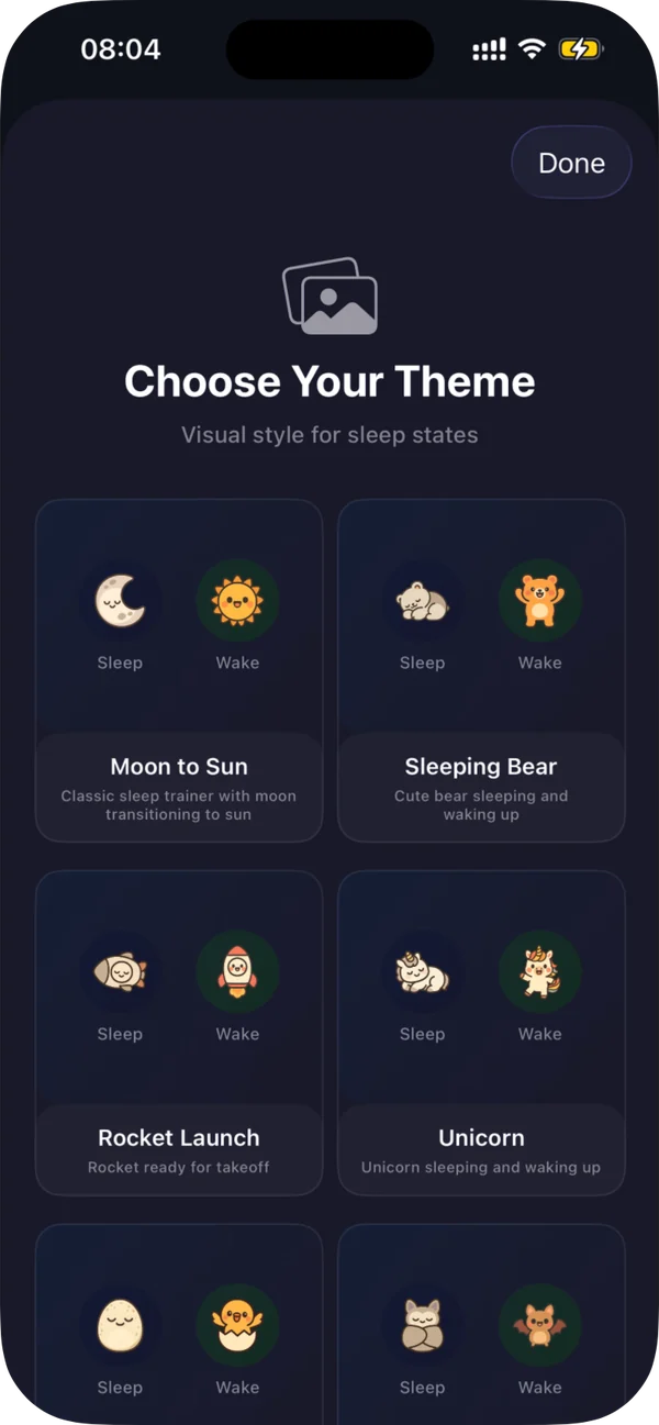 Cozy Critter app showing the twelve downloadable critter theme packs